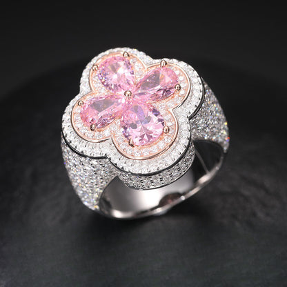 S925 Silver Moissanite Ring Pink Flower Shape Ring Hip Hop Super Shiny Diamond Trendy