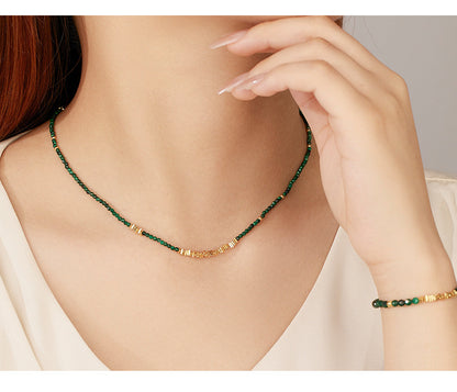 Natural Malachite Sterling Silver Beaded Stacked Clavicle Necklace