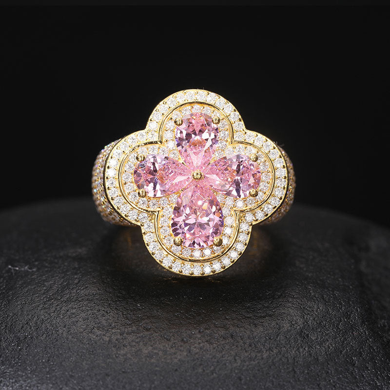 S925 Silver Moissanite Ring Pink Flower Shape Ring Hip Hop Super Shiny Diamond Trendy