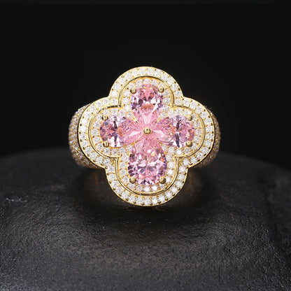 S925 Silver Moissanite Ring Pink Flower Shape Ring Hip Hop Super Shiny Diamond Trendy