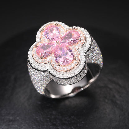 S925 Silver Moissanite Ring Pink Flower Shape Ring Hip Hop Super Shiny Diamond Trendy