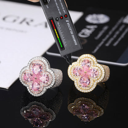 S925 Silver Moissanite Ring Pink Flower Shape Ring Hip Hop Super Shiny Diamond Trendy