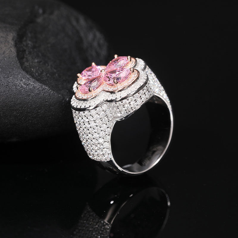 S925 Silver Moissanite Ring Pink Flower Shape Ring Hip Hop Super Shiny Diamond Trendy