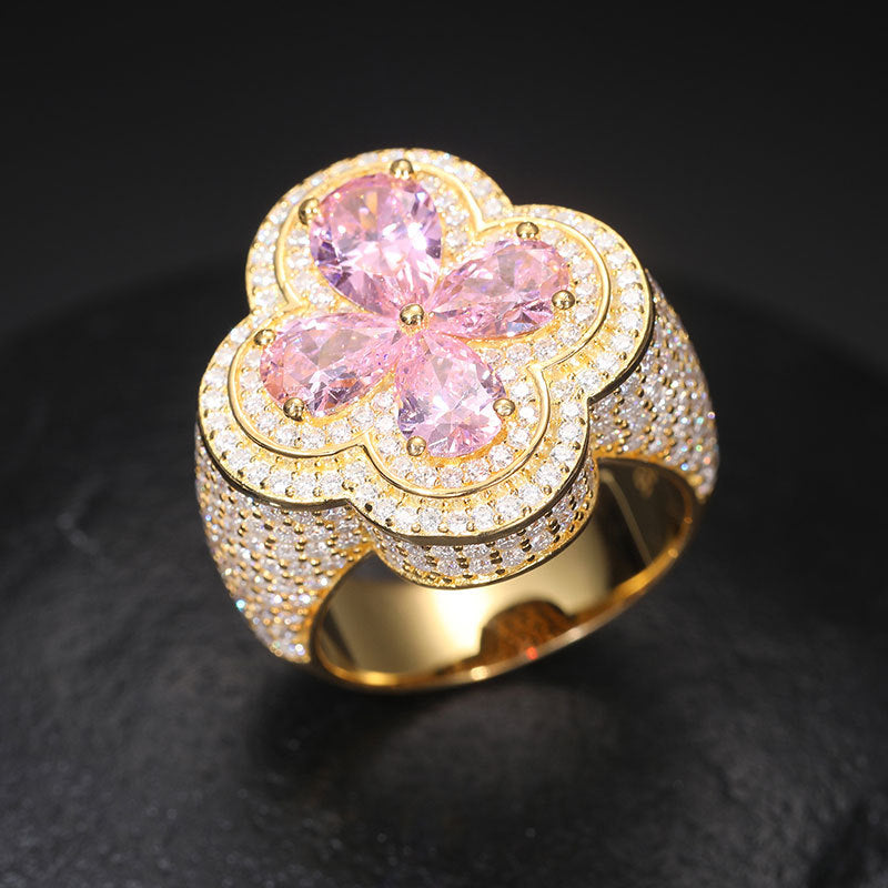 S925 Silver Moissanite Ring Pink Flower Shape Ring Hip Hop Super Shiny Diamond Trendy