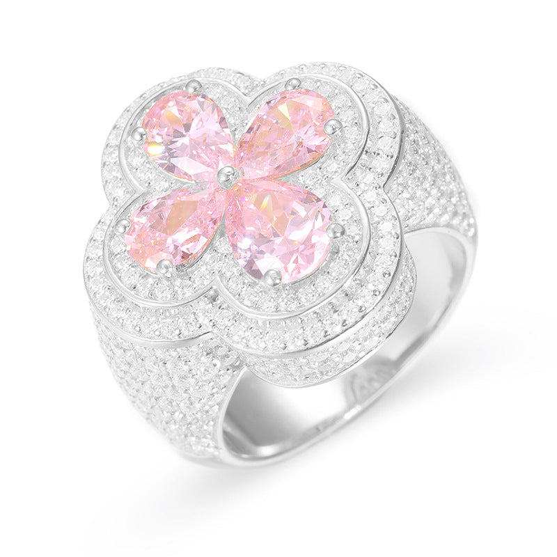 S925 Silver Moissanite Ring Pink Flower Shape Ring Hip Hop Super Shiny Diamond Trendy